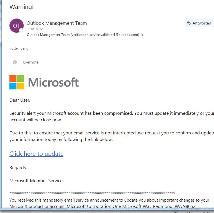 Das Mail sieht auf den ersten Blick aus, als käme es von Microsoft, dem Betreiber des Email-Service Outlook - ist es aber nicht